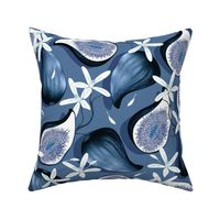 Flowers and fruits of figs, dark blue on a blue background, the new version, large scale