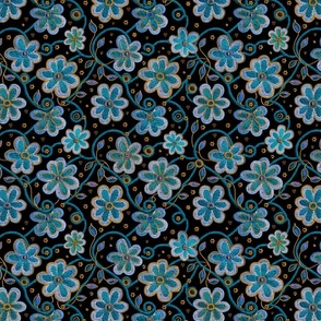 Vintage Embroidery And Elegant Trimmings Floral Pattern Blue Black Smaller Scale