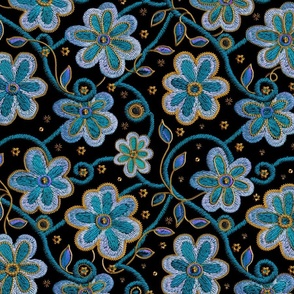 Vintage Embroidery And Elegant Trimmings Floral Pattern Blue Black