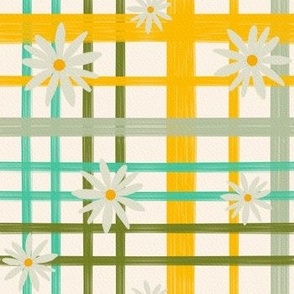 Lemon Yellow Teal Daisy Plaid - watercolor paper texture