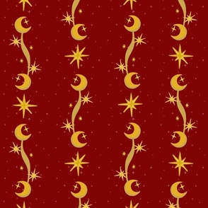 Celestial Moons and Stars on Red
