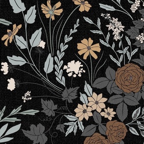 My Dreamy Botanical Floral Garden- earth toned neutrals on blck