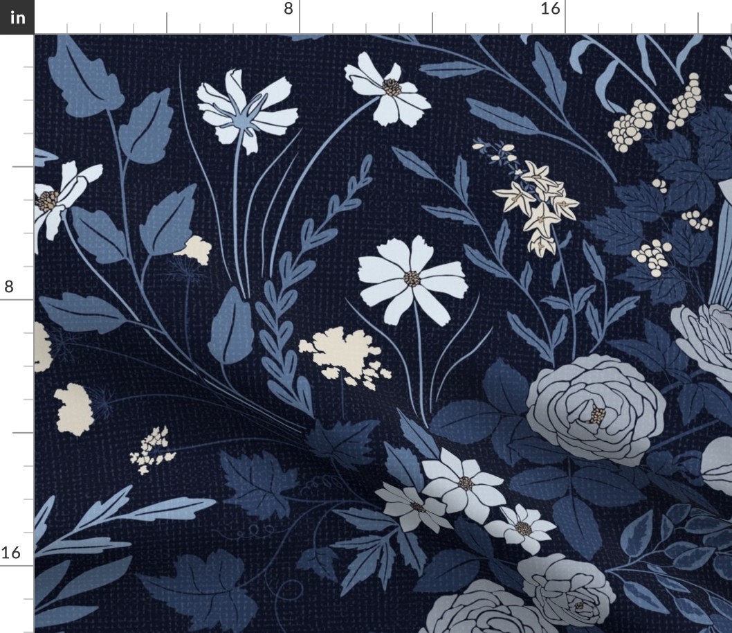 My Dreamy Botanical Floral Garden-blue shades on dark blue