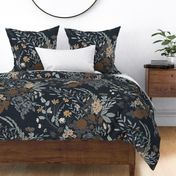 My Dreamy Botanical Floral Garden- earth toned neutrals brown on dark blue