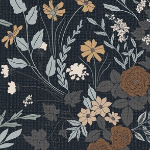 My Dreamy Botanical Floral Garden- earth toned neutrals brown on dark blue