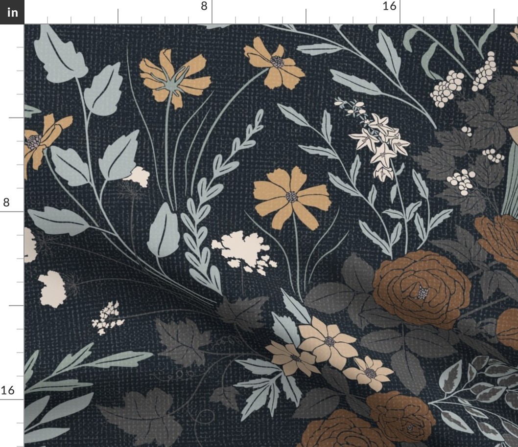 My Dreamy Botanical Floral Garden- earth toned neutrals brown on dark blue