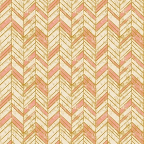 small | Shabby Chic Irregular Chevron Herringbone | white cream/beige and salmon pink with mustard matt gold lines & rustic, aged, distressed texture 