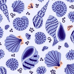 Deep Purple Seashells and Bubbles on a Lilac Background