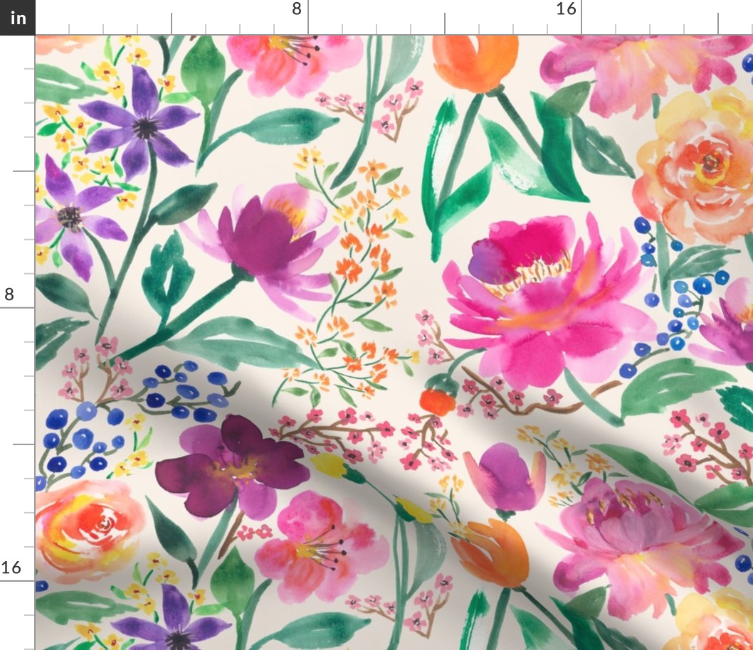hand-painted traditional vibrant colour watercolour floral  garden
