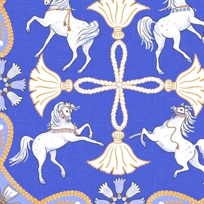 Passementerie- Fancy Prance in Royal Blue Gold and White- large 21" repeat