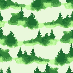 Green Fir Tree Clouds Watercolor Silhouettes Green on Green