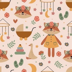 boho cute fox and nursery elements on a pink background