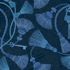 VINTAGE BLUE TASSELS ON BLUE flora pattern