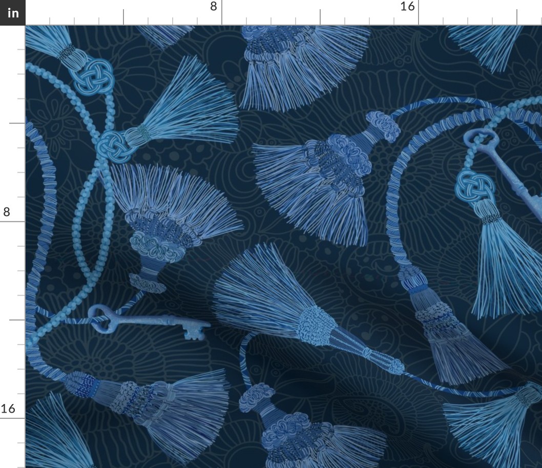 VINTAGE BLUE TASSELS ON BLUE flora pattern