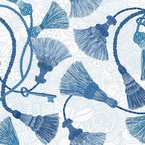 VINTAGE BLUE TASSELS ON floral pattern