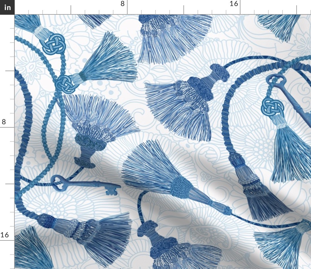 VINTAGE BLUE TASSELS ON floral pattern
