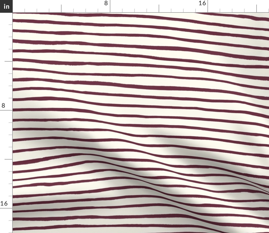 Large Handpainted watercolor wonky uneven stripes - Wine Red on cream - Petal Signature Cotton Solids coordinate 