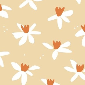 Minimalist paper cut daffodils for spring - blossom garden abstract flower design orange white on ginger camel LARGE