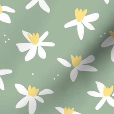 Minimalist paper cut daffodils for spring - blossom garden abstract flower design yellow white on sage green LARGE
