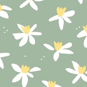 Minimalist paper cut daffodils for spring - blossom garden abstract flower design yellow white on sage green LARGE