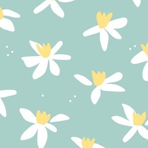 Minimalist paper cut daffodils for spring - blossom garden abstract flower design yellow white on light teal LARGE
