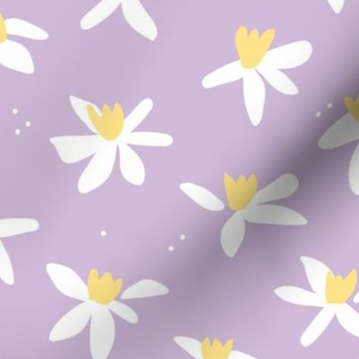 Minimalist paper cut daffodils for spring - blossom garden abstract flower design yellow white on lilac lavender purple LARGE