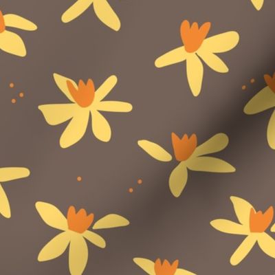 Minimalist paper cut daffodils for spring - blossom garden abstract flower design yellow orange on moody chocolate brown  LARGE