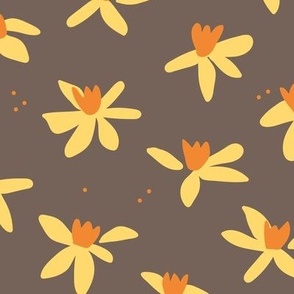 Minimalist paper cut daffodils for spring - blossom garden abstract flower design yellow orange on moody chocolate brown  LARGE