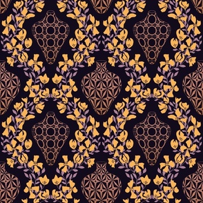 Dark contemporary damask with spring flowers and ornate vases, black and gold