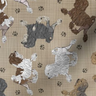 Trotting Lowchen and paw prints - faux linen