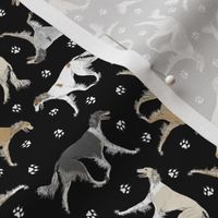 Tiny Trotting feathered Saluki and paw prints - black