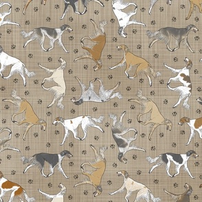 Trotting feathered Saluki and paw prints - faux linen