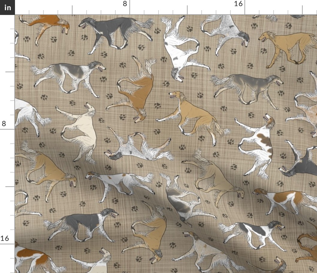Trotting feathered Saluki and paw prints - faux linen