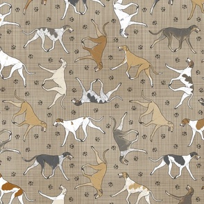 Trotting smooth Saluki and paw prints - faux linen