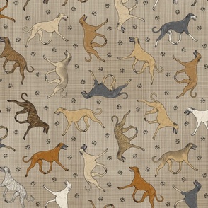 Trotting Sloughi and paw prints - faux linen