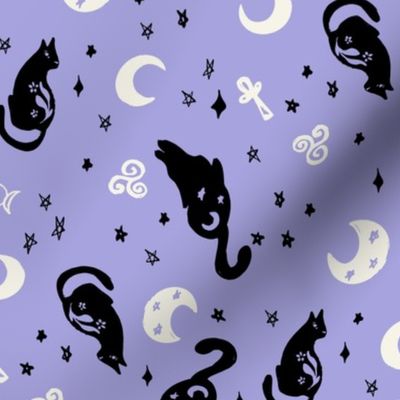 Magic cats stars and moons black dusty blue white by Jac Slade
