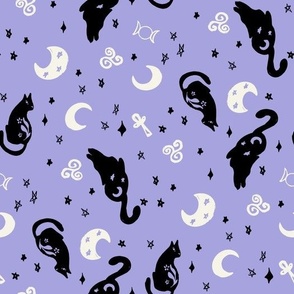 Magic cats stars and moons black dusty blue white by Jac Slade