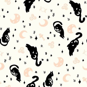 Magic cats stars and moons ivory black peach pink by Jac Slade