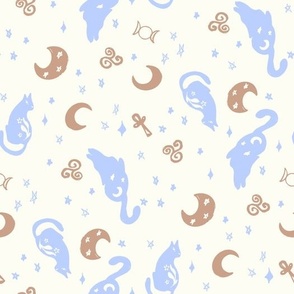 Magic cats stars and moons ivory blue brown by Jac Slade
