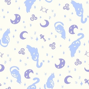 Magic cats stars and moons ivory blue purple by Jac Slade