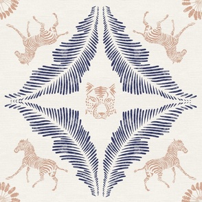 Preppy hand drawn tiger, zebra and fern wallpaper in navy and caramel brown