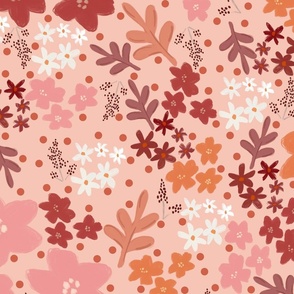 Botanical Floral design with traditional dots in shades of pink, red, white and orange on a rose quartz background 