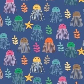 Happy Jellyfish Tassels in Bright Colors with Smiling Starfish and Seaweed in Blue Water Medium Scale