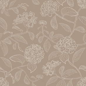 Large scale warm beige brown and white trailing floral hydrangea for neutral wallpaper 