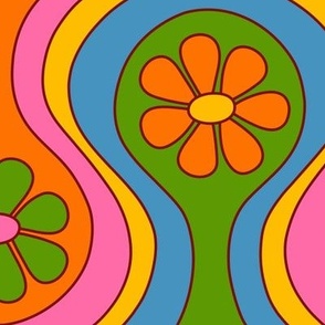 Groovy 60s Flower Pattern - Retro Rainbow Colors (Large Scale)