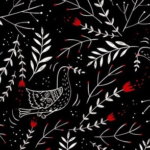 Scandinavian Peace Doves in Scarlet and White on Black