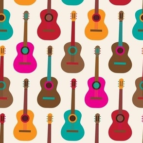 269 - Small scale brown, hot pink, turquoise and bright yellow Mexican Guitar classical acoustic musician, for home decor, music teacher gifts, music lover, upholstery, tote bags, quilts, kids apparel, instrument case, player, 