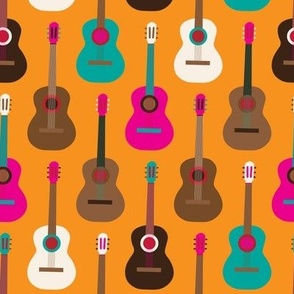 269 - $ Small scale yellow, hot pink and turquoise Mexican Guitar classical acoustic musician, for home decor, music teacher gifts, music lover, upholstery, tote bags, quilts, kids apparel, instrument case, player, 