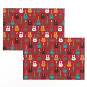 269 - $ Small scale red mustard turquoise Mexican Guitar classical acoustic musician, for home decor, music teacher gifts, music lover, upholstery, tote bags, quilts, kids apparel, instrument case, player, 