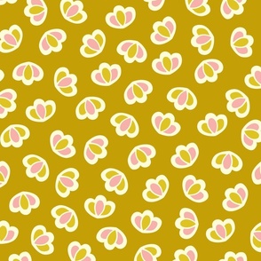 Simple Allover Buttercup Motif in Pink on Mustard Yellow Background